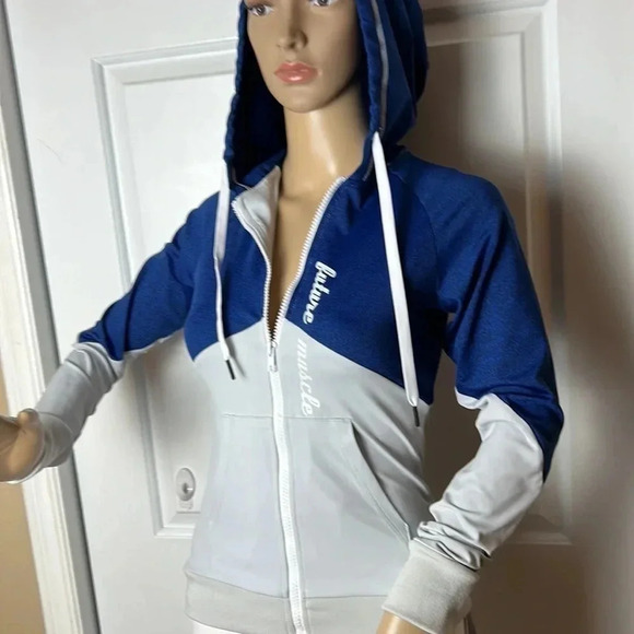 Y2K,vtg, NEW!!hoodie with zipper, women XS,Colorblock,blue,grey,gym,members,80’s - Picture 5 of 15